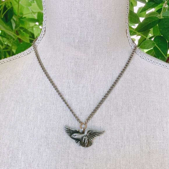 VTG 1970s Pewter Eagle Pendant Necklace Biker Style Chain Jewelry Unisex - Picture 3 of 11